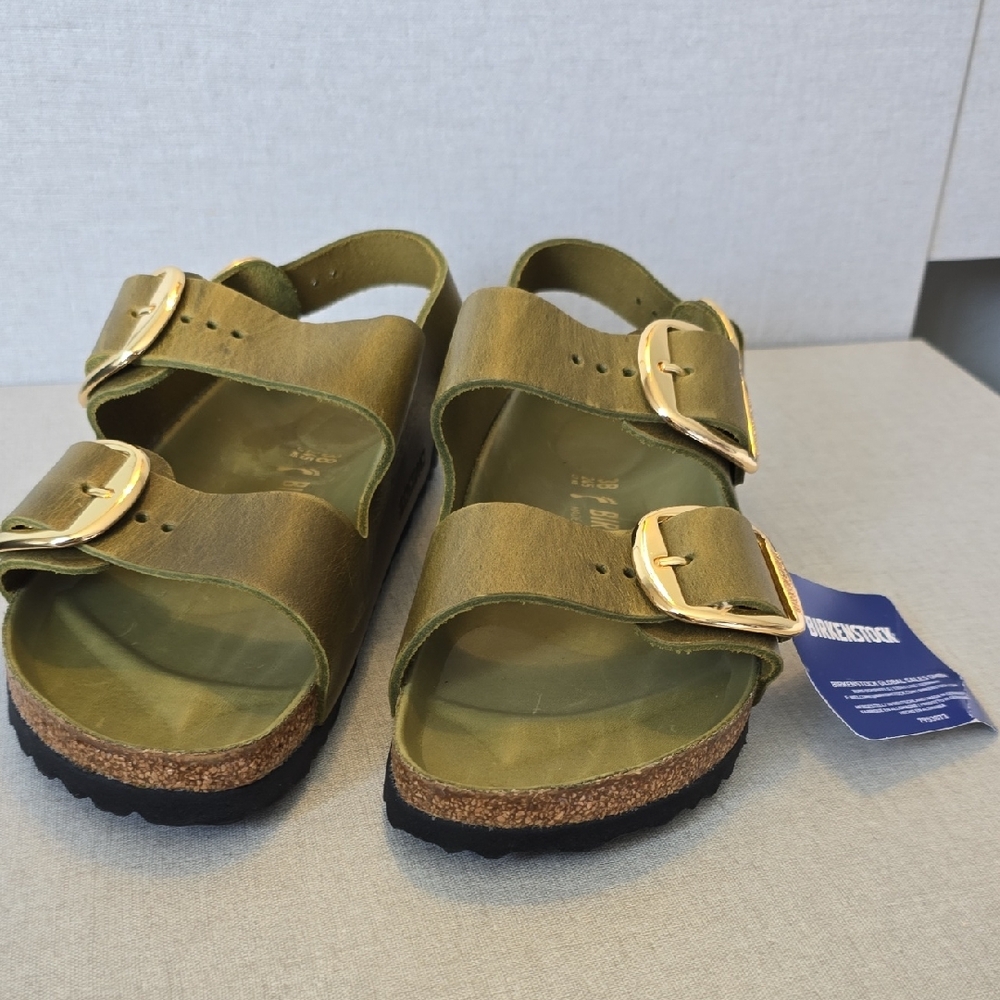 Birkenstock Olive GreenSandals with Gold Buckles & A Back Strap. ( w 38, 7-7.5 )